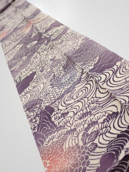 Photo1: 4G09z60  Japanese Kimono Silk  FABRIC Scenery Dark purple 81.1x7.1 (1)