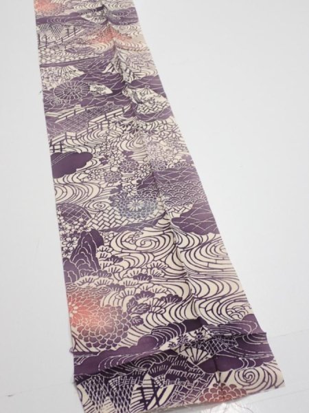 Photo2: 4G09z60  Japanese Kimono Silk  FABRIC Scenery Dark purple 81.1x7.1 (2)