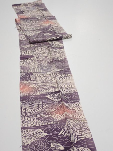 Photo3: 4G09z60  Japanese Kimono Silk  FABRIC Scenery Dark purple 81.1x7.1 (3)