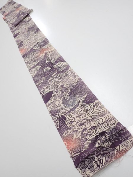 Photo5: 4G09z60  Japanese Kimono Silk  FABRIC Scenery Dark purple 81.1x7.1 (5)