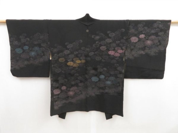 Photo1: 5307T04z630 Vintage Japanese Kimono Silk HAORI Chrysanthemum Black (1)