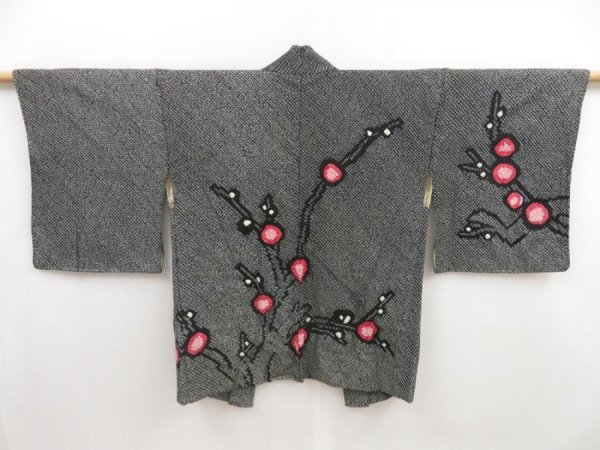 Photo1: 5307T05z400 Vintage Japanese Kimono Silk SHIBORI HAORI Plum tree Black (1)
