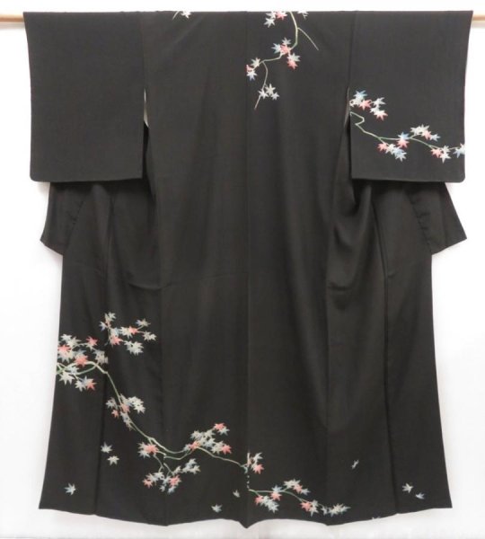 Photo1: 5307T09z640 Vintage Japanese Kimono Silk TSUKESAGE Maple Black (1)