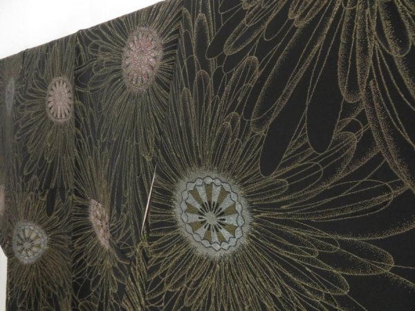 Photo2: 5307T13z1050 Vintage Japanese Kimono Silk URUSHI KOMON Flower Black, Gold (2)