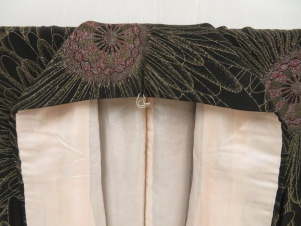 Photo7: 5307T13z1050 Vintage Japanese Kimono Silk URUSHI KOMON Flower Black, Gold (7)