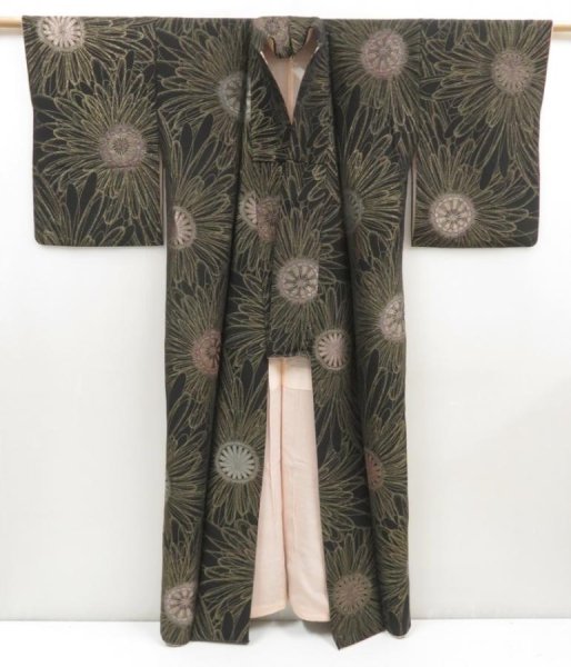 Photo8: 5307T13z1050 Vintage Japanese Kimono Silk URUSHI KOMON Flower Black, Gold (8)