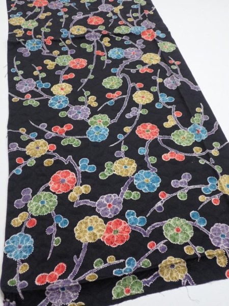 Photo2: 4D01z60  Japanese Kimono Silk  FABRIC Plum branch Black 41.3x15.2 (2)