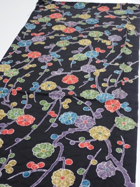 Photo3: 4D01z60  Japanese Kimono Silk  FABRIC Plum branch Black 41.3x15.2 (3)