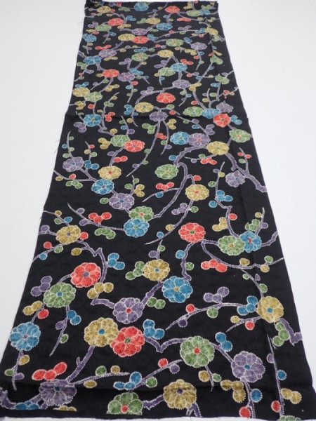 Photo5: 4D01z60  Japanese Kimono Silk  FABRIC Plum branch Black 41.3x15.2 (5)