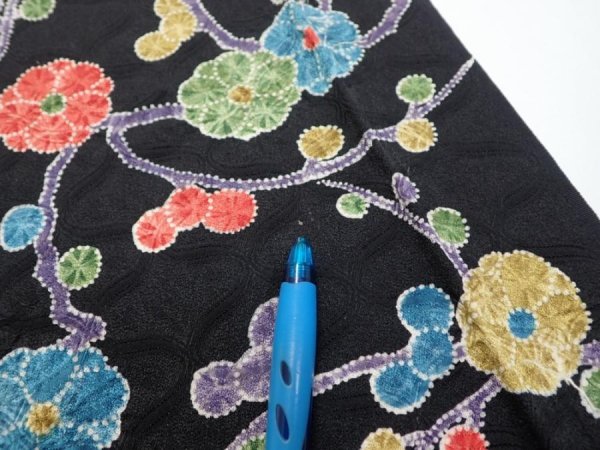 Photo6: 4D01z60  Japanese Kimono Silk  FABRIC Plum branch Black 41.3x15.2 (6)