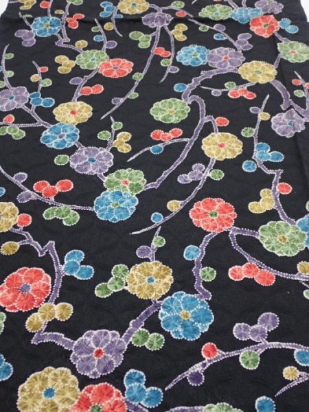 Photo1: 4D02z60  Japanese Kimono Silk  FABRIC Plum branch Black 41.7x15.0 (1)