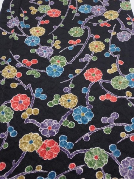 Photo1: 4D05z100  Japanese Kimono Silk  FABRIC Plum branch Black 67.7x15.2 (1)