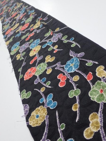 Photo1: 4D07z50  Japanese Kimono Silk  FABRIC Plum branch Black 61.0x7.3 (1)