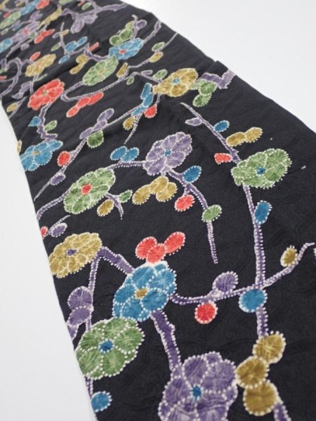 Photo4: 4D10z30  Japanese Kimono Silk  FABRIC Plum branch Black 34.6x7.3 (4)