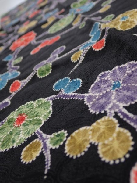 Photo5: 4D10z30  Japanese Kimono Silk  FABRIC Plum branch Black 34.6x7.3 (5)