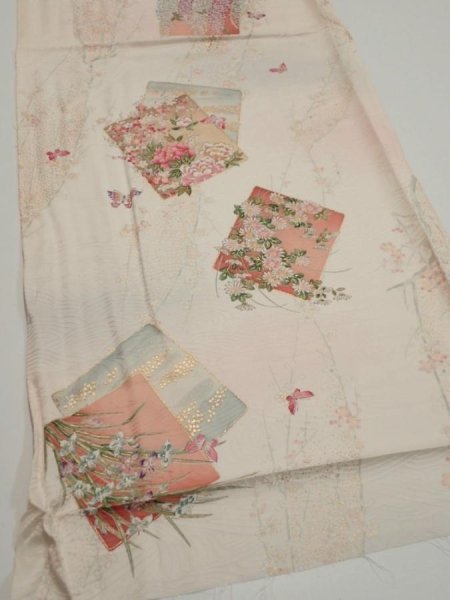 Photo2: 4D01z60  Japanese Kimono Silk  FABRIC Flowers Butterfly Off-white 42.1x15.2 (2)