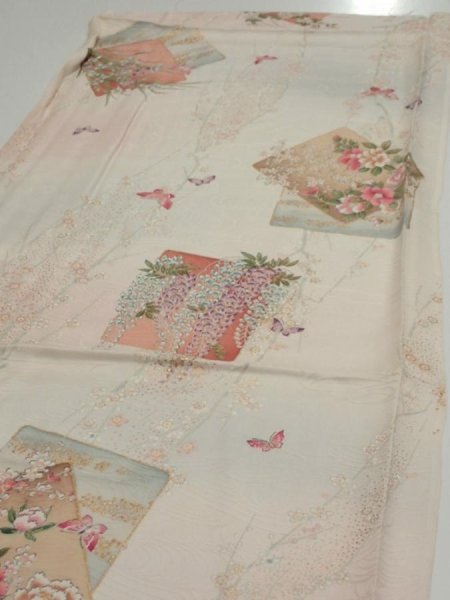Photo3: 4D01z60  Japanese Kimono Silk  FABRIC Flowers Butterfly Off-white 42.1x15.2 (3)