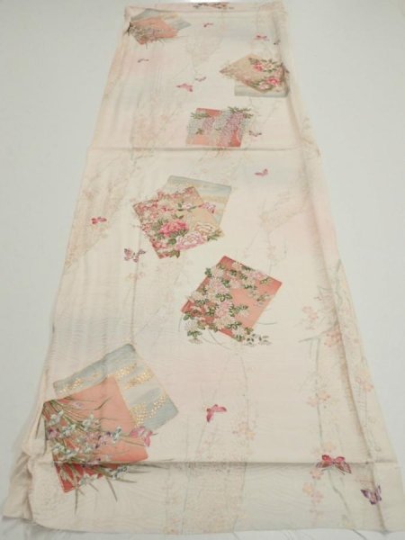 Photo5: 4D01z60  Japanese Kimono Silk  FABRIC Flowers Butterfly Off-white 42.1x15.2 (5)