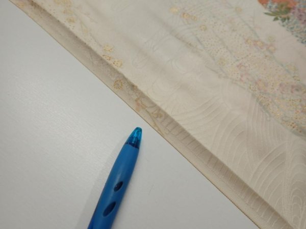 Photo6: 4D01z60  Japanese Kimono Silk  FABRIC Flowers Butterfly Off-white 42.1x15.2 (6)