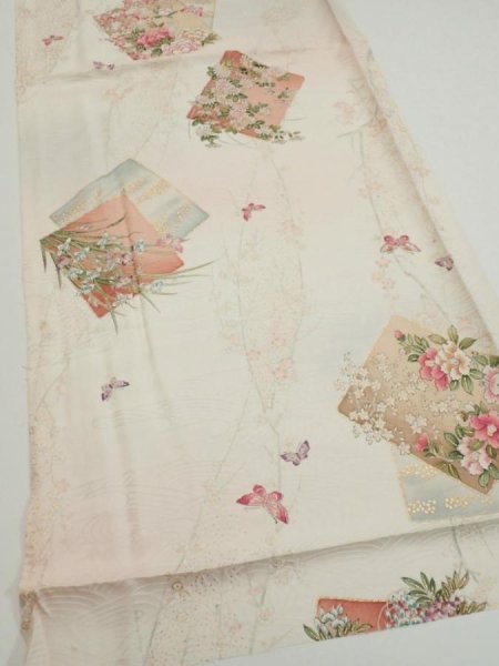 Photo2: 4D02z60  Japanese Kimono Silk  FABRIC Flowers Butterfly Off-white 41.7x15.2 (2)