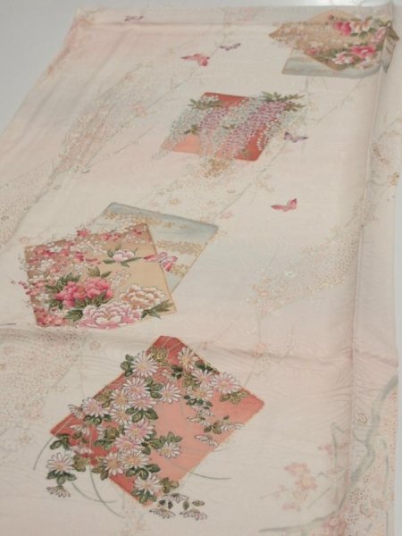 Photo3: 4D02z60  Japanese Kimono Silk  FABRIC Flowers Butterfly Off-white 41.7x15.2 (3)