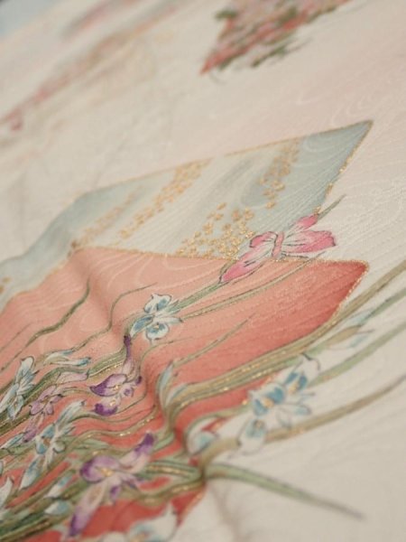 Photo4: 4D02z60  Japanese Kimono Silk  FABRIC Flowers Butterfly Off-white 41.7x15.2 (4)