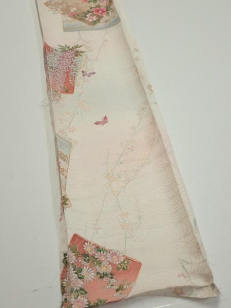 Photo2: 4D07z40  Japanese Kimono Silk  FABRIC Flowers Butterfly Off-white 60.6x7.5 (2)