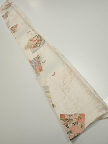 Photo5: 4D07z40  Japanese Kimono Silk  FABRIC Flowers Butterfly Off-white 60.6x7.5 (5)