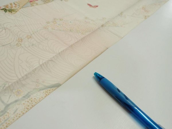 Photo7: 4D07z40  Japanese Kimono Silk  FABRIC Flowers Butterfly Off-white 60.6x7.5 (7)