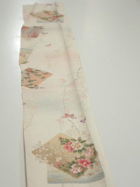 Photo3: 4D08z40  Japanese Kimono Silk  FABRIC Flowers Butterfly Off-white 61.4x7.5 (3)