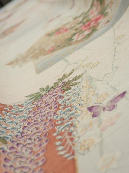 Photo4: 4D08z40  Japanese Kimono Silk  FABRIC Flowers Butterfly Off-white 61.4x7.5 (4)