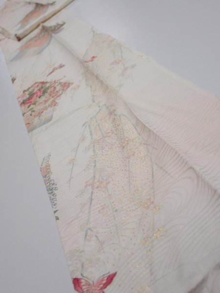 Photo1: 4D09z60  Japanese Kimono Silk  FABRIC Flowers Butterfly Off-white 85.8x7.5 (1)