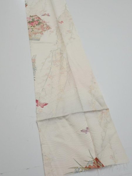 Photo2: 4D09z60  Japanese Kimono Silk  FABRIC Flowers Butterfly Off-white 85.8x7.5 (2)