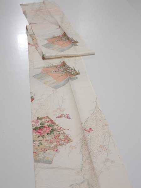Photo3: 4D09z60  Japanese Kimono Silk  FABRIC Flowers Butterfly Off-white 85.8x7.5 (3)