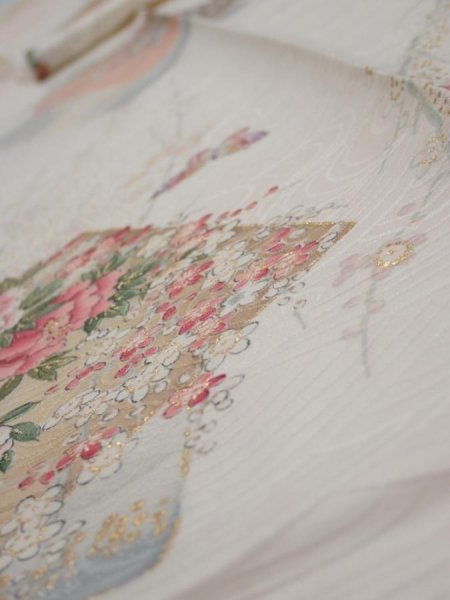 Photo4: 4D09z60  Japanese Kimono Silk  FABRIC Flowers Butterfly Off-white 85.8x7.5 (4)