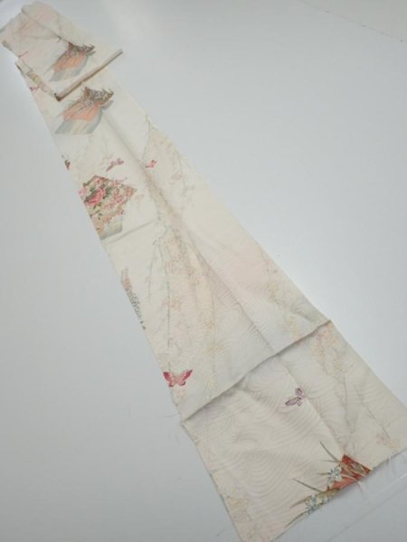 Photo5: 4D09z60  Japanese Kimono Silk  FABRIC Flowers Butterfly Off-white 85.8x7.5 (5)