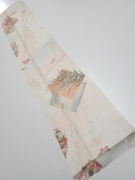 Photo1: 4D10z30  Japanese Kimono Silk  FABRIC Flowers Butterfly Off-white 38.6x7.5 (1)