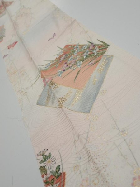 Photo2: 4D10z30  Japanese Kimono Silk  FABRIC Flowers Butterfly Off-white 38.6x7.5 (2)