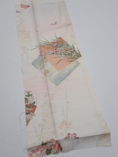 Photo3: 4D10z30  Japanese Kimono Silk  FABRIC Flowers Butterfly Off-white 38.6x7.5 (3)