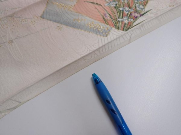 Photo6: 4D10z30  Japanese Kimono Silk  FABRIC Flowers Butterfly Off-white 38.6x7.5 (6)