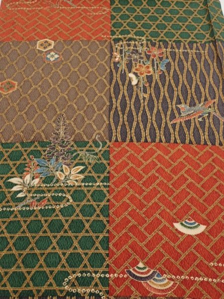 Photo1: 4D01z60  Japanese Kimono Silk  FABRIC Flowers Brown Green 42.9x14.4 (1)