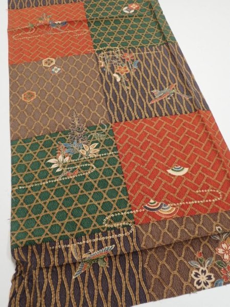 Photo2: 4D01z60  Japanese Kimono Silk  FABRIC Flowers Brown Green 42.9x14.4 (2)