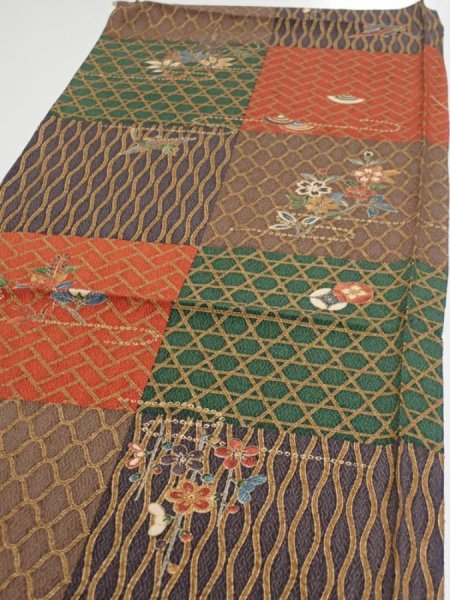 Photo3: 4D01z60  Japanese Kimono Silk  FABRIC Flowers Brown Green 42.9x14.4 (3)