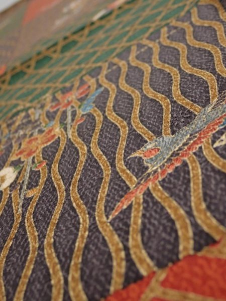 Photo4: 4D01z60  Japanese Kimono Silk  FABRIC Flowers Brown Green 42.9x14.4 (4)