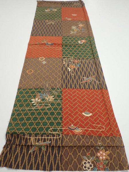 Photo5: 4D01z60  Japanese Kimono Silk  FABRIC Flowers Brown Green 42.9x14.4 (5)