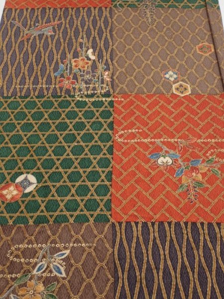 Photo1: 4D02z60  Japanese Kimono Silk  FABRIC Flowers Brown Green 42.9x14.4 (1)