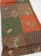 Photo2: 4D02z60  Japanese Kimono Silk  FABRIC Flowers Brown Green 42.9x14.4 (2)