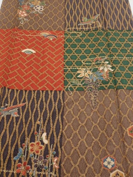 Photo1: 4D04z90  Japanese Kimono Silk  FABRIC Flowers Brown Green 67.7x14.4 (1)