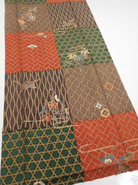 Photo2: 4D04z90  Japanese Kimono Silk  FABRIC Flowers Brown Green 67.7x14.4 (2)