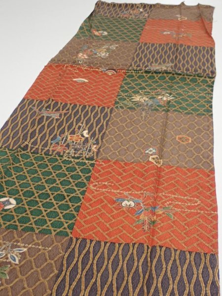 Photo3: 4D04z90  Japanese Kimono Silk  FABRIC Flowers Brown Green 67.7x14.4 (3)